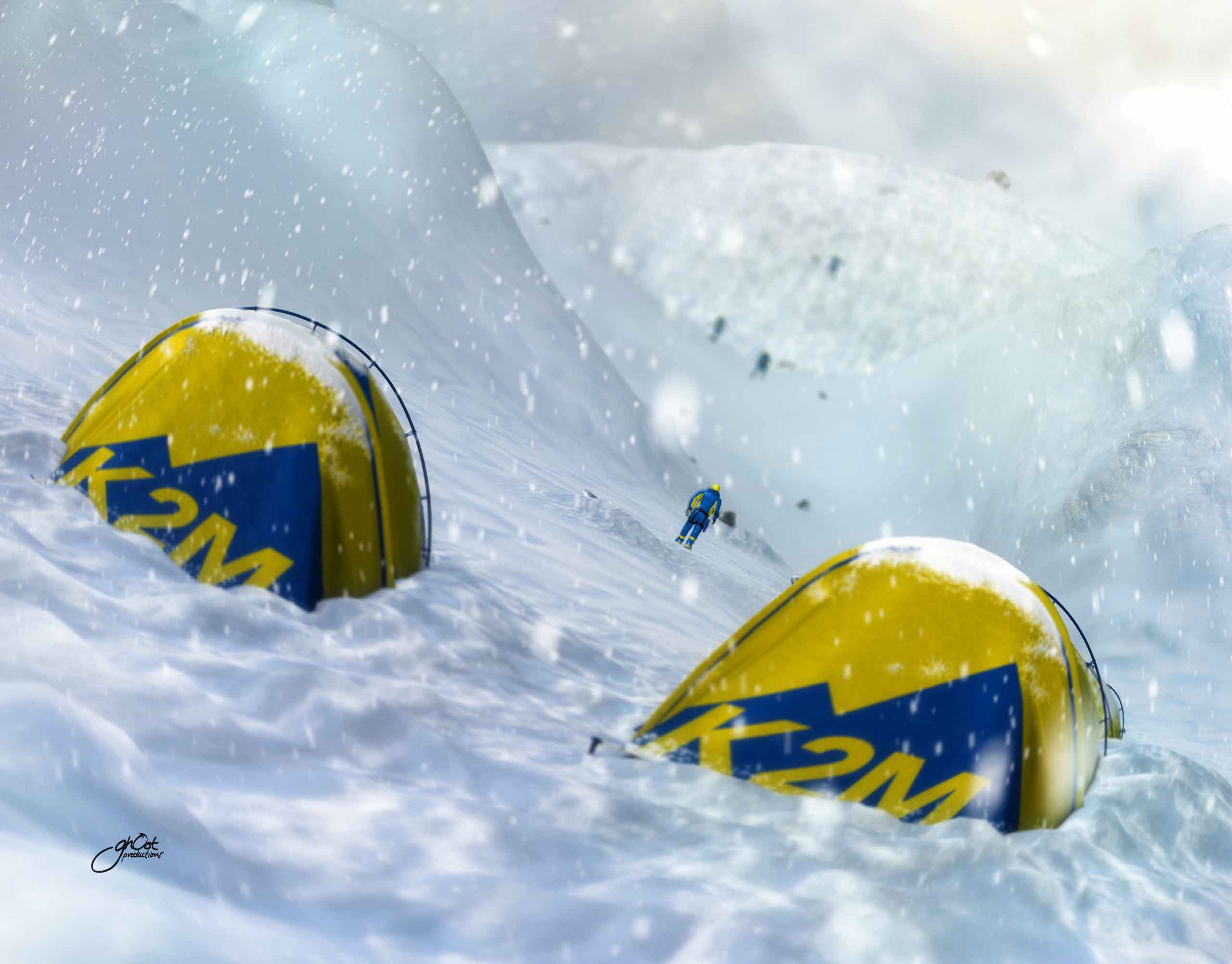 Medical illustration of a mountainous terrain with K2M climbers scaling the rugged terrain. The climbers embody determination and perseverance as they push themselves to new heights. This image captures the essence of the human spirit and inspires us to reach for our own personal summits.