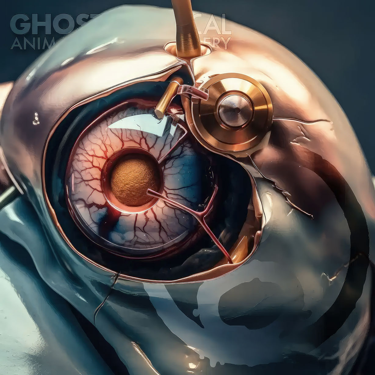 A 3D rendering of a surgical procedure being performed in a clean, modern operating room. The image features advanced medical equipment and technology, and depicts the treatment of an oculoarticular condition.