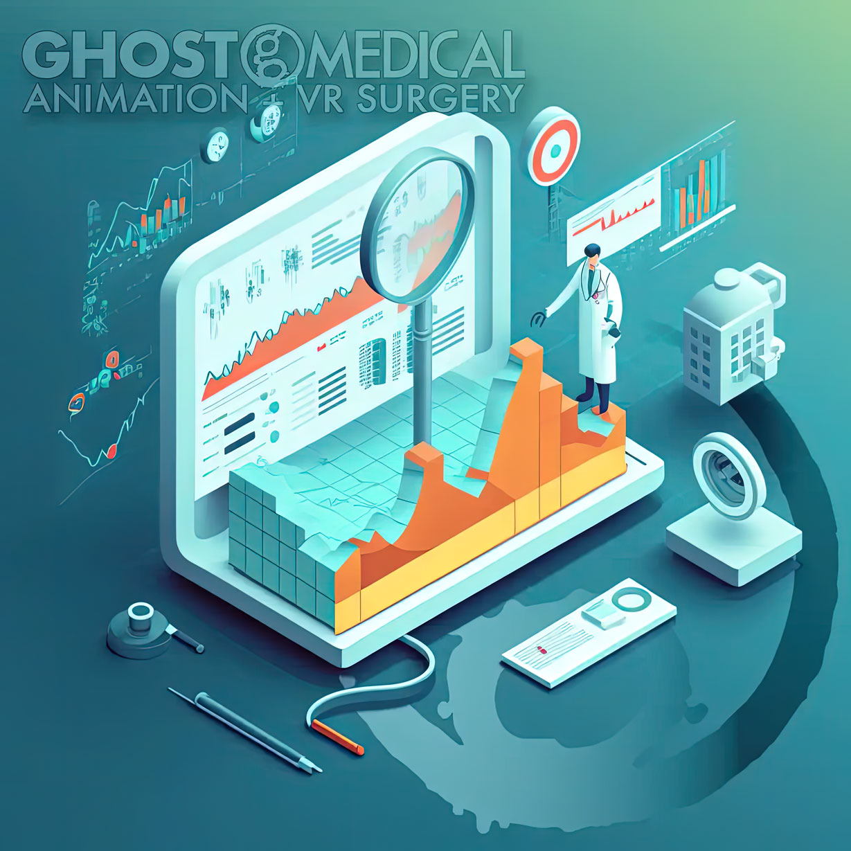 This is an isometric AI icon representing healthcare website analytics and SEO metrics. The icon features a stylized brain with a magnifying glass on one side and a graph on the other, symbolizing the use of artificial intelligence to analyze website data and improve