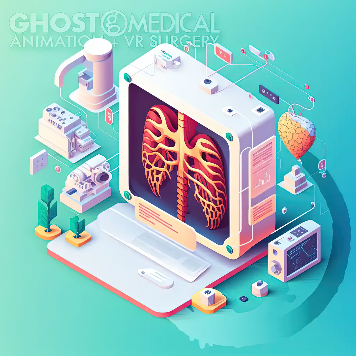 This is an isometric icon of COPD (Chronic Obstructive Pulmonary Disease) breathing created by Ghost Medical. The icon features a person with an oxygen mask on their face, inhaling deeply. The image represents the struggles of those living