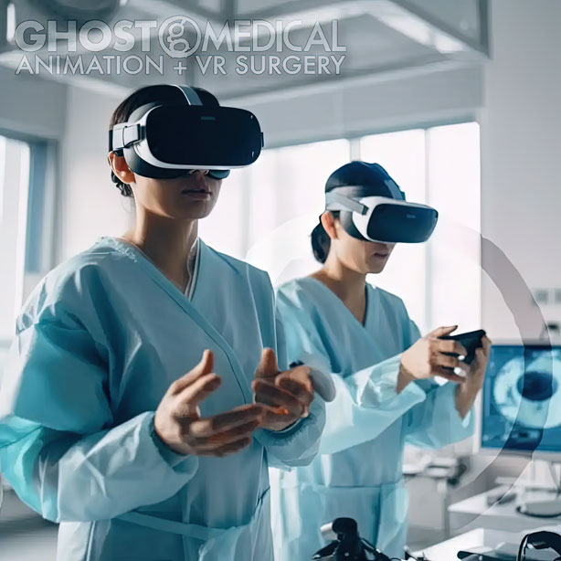 A series of AI-generated images depict healthcare professionals, specifically surgeons, using VR headsets to learn new surgical techniques. The images showcase the use of technology to revolutionize surgical training and empower surgeons to perfect their craft. The healthcare professionals are seen wearing VR headsets while performing surgical procedures, indicating the use of technology in the medical field. The images are created by Ghost Medical at Ghost Productions, and highlight the importance of innovation in healthcare.