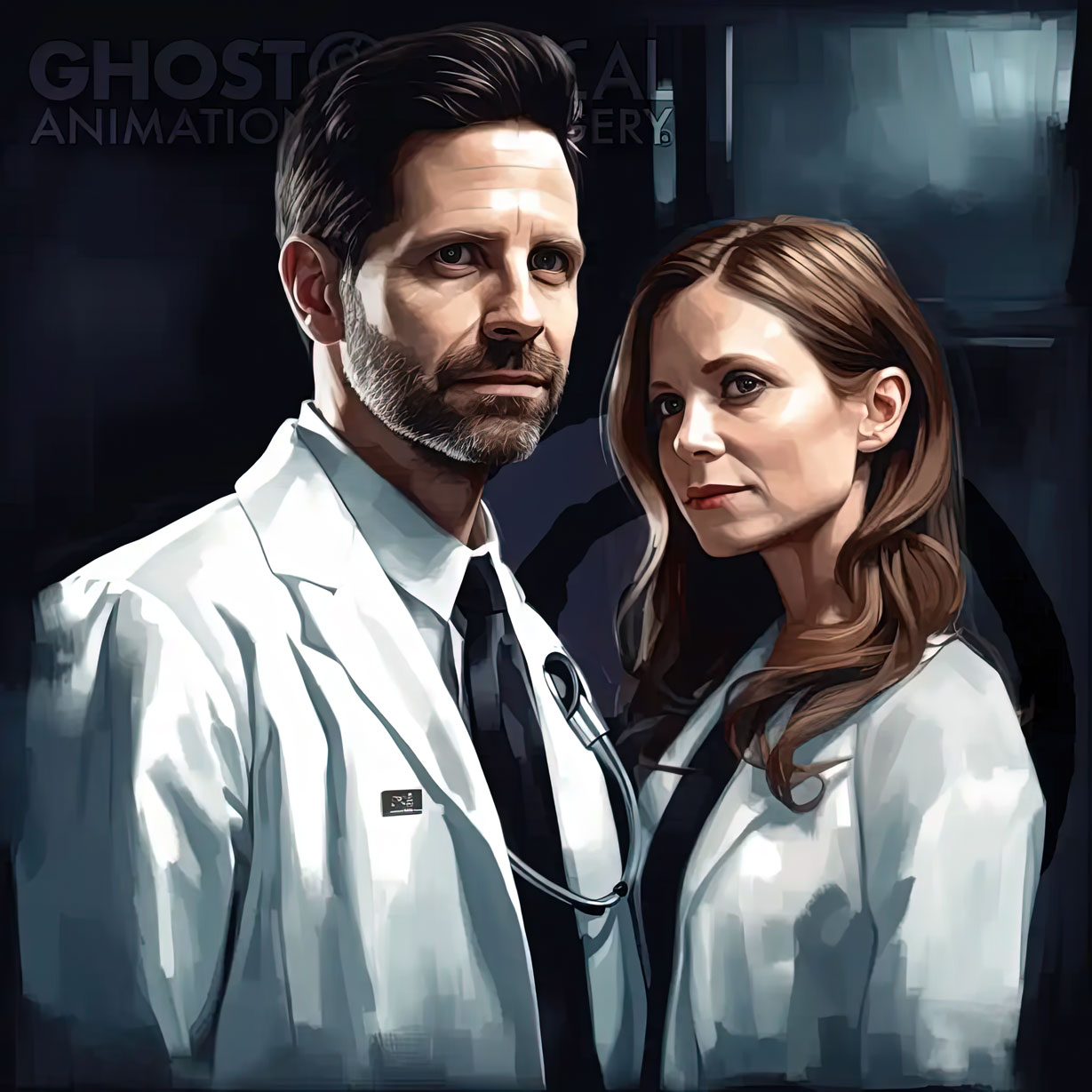 Image description: A digitally generated image of a male doctor and a female nurse, both wearing scrubs and standing in front of a hospital bed. The doctor has his arm around the nurse, and they both appear to be falling backwards onto the bed. The setting is a hospital room with medical equipment in the background.