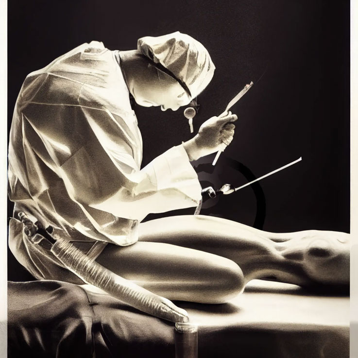 AI generated image of a healthcare professional performing a lobotomy medical procedure. The image depicts a sterile operating room environment with the healthcare professional wearing surgical attire and using advanced technology to perform the procedure. This image is part of a series showcasing the potential of AI in revolutionizing the field of medicine and improving patient outcomes.