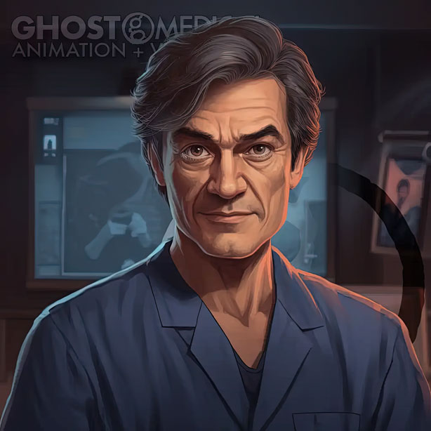 Image description: A blue lab coat-clad parody of Dr. Oz  appears in a 2D game created by Ghost Medical at Ghost Productions. The image is AI-generated and depicts a medical adventure featuring the famous healthcare professional.