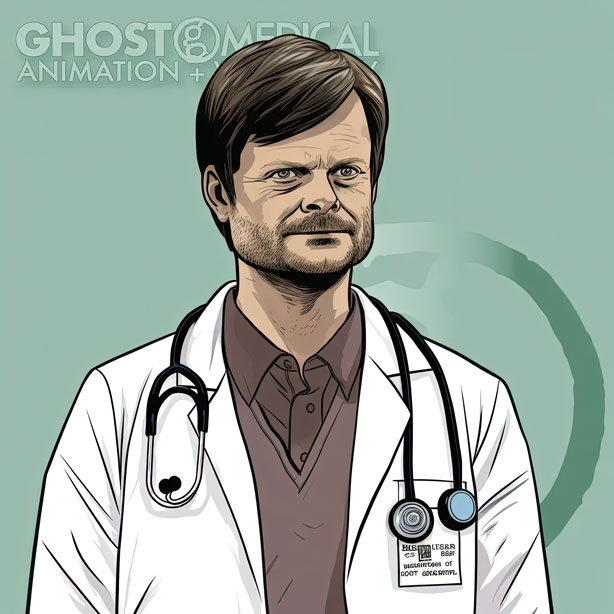A cartoon drawing of parody of Steve Zahn dressed as a doctor, with a stethoscope around his neck and a friendly smile on his face. He is standing in front of a white background and appears to be ready to treat patients with his medical knowledge and charming personality.