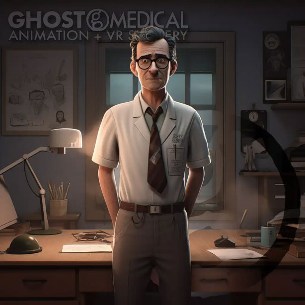 A cartoon doctor named Dr. Ghost stands with a friendly smile, ready to provide virtual healthcare assistance.
