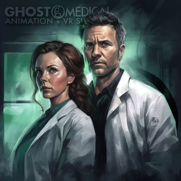 An AI-generated painting depicting a man and woman wearing lab coats, standing in front of a medical backdrop. The painting is titled "Breakthroughs in Medical Innovation - Where Art Meets Science at Ghost Medical."
