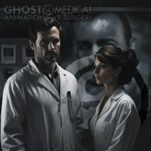 A black and white poster featuring two individuals in a laboratory setting, created by AI. The image is from Ghost Medical Productions and is titled "Exploring the Unknown: A Hauntingly Beautiful Experiment."