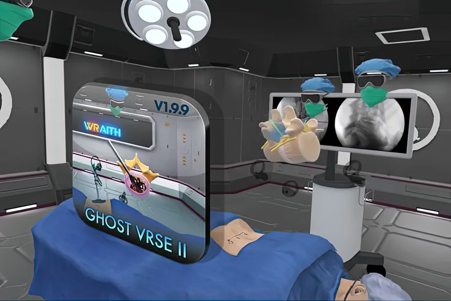 A medical illustration depicting a virtual reality environment for surgical procedures. Surgeons can use the Ghost VRSE II VR App to visualize complex surgeries in 3D, enhancing their precision and accuracy. This cutting-edge technology is set to transform the medical industry for safer and more efficient surgical procedures.