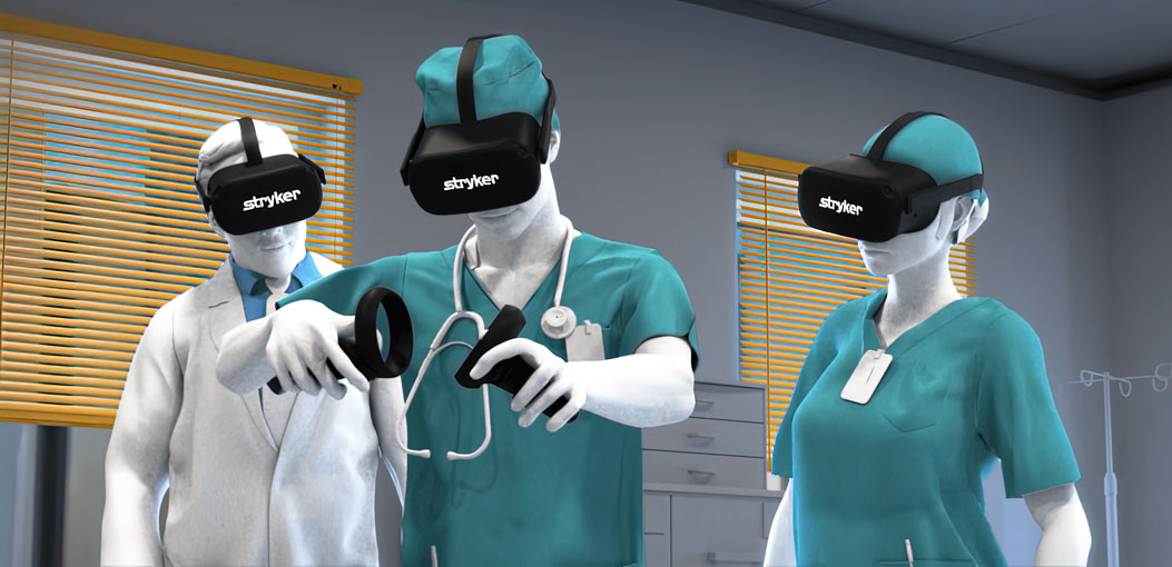 A medical illustration showing a surgeon using Stryker VR Technology to visualize and interact with patient anatomy in a virtual environment. This technology revolutionizes surgery by providing a more precise and efficient surgical experience, resulting in faster recovery times and improved outcomes for patients.